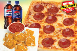 & Chill Deal image which features a 14" 1-Topping Pepeproni Pizza, Spicy Toasted Ravioli, and two 20 Ounce Sodas