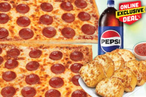 Feastival Deal featuring two 14" 1-Topping Pizzas, Large Cheesy Garlic Bread, and one 2 Liter Soda