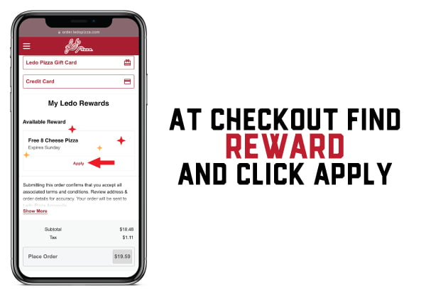 Mobile screenshot demonstrating how to apply Ledo Reward at checkout with sparkles and arrows